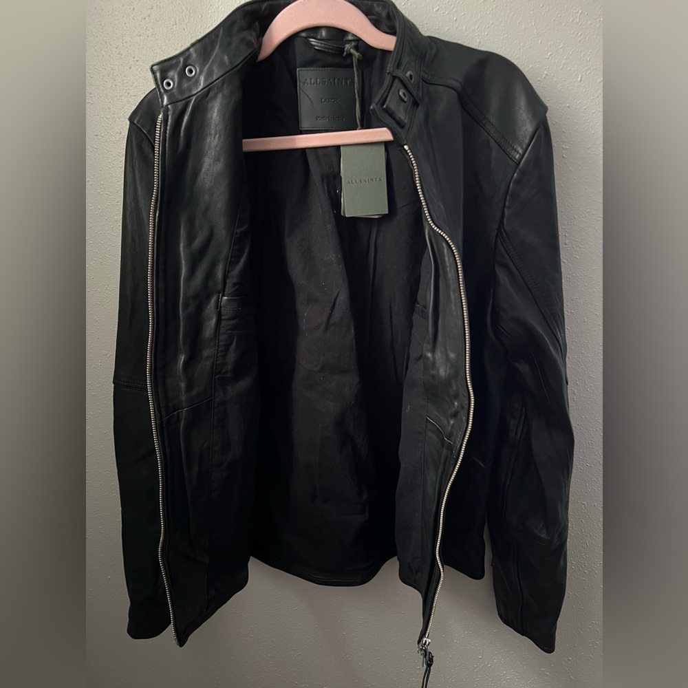 AllSaints Cora Leather Snap Back Collar Jacket Men’s Size Large in Jet Black - Picture 7 of 9